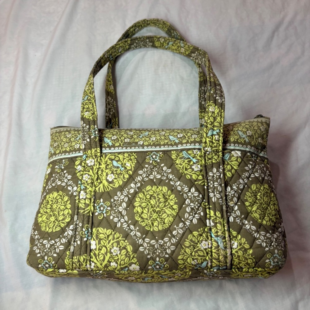 Vera Bradley Night Owl Quilted Cotton Tote Bag Brown Green Floral Bird Print
